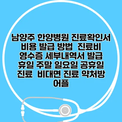 남양주 한양병원 진료확인서 비용 발급 방법 | 진료비 영수증 세부내역서 발급 | 휴일 주말 일요일 공휴일 진료 | 비대면 진료 약처방 어플