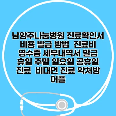 남양주나눔병원 진료확인서 비용 발급 방법 | 진료비 영수증 세부내역서 발급 | 휴일 주말 일요일 공휴일 진료 | 비대면 진료 약처방 어플