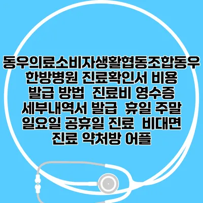 동우의료소비자생활협동조합동우한방병원 진료확인서 비용 발급 방법 | 진료비 영수증 세부내역서 발급 | 휴일 주말 일요일 공휴일 진료 | 비대면 진료 약처방 어플