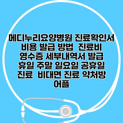 메디누리요양병원 진료확인서 비용 발급 방법 | 진료비 영수증 세부내역서 발급 | 휴일 주말 일요일 공휴일 진료 | 비대면 진료 약처방 어플