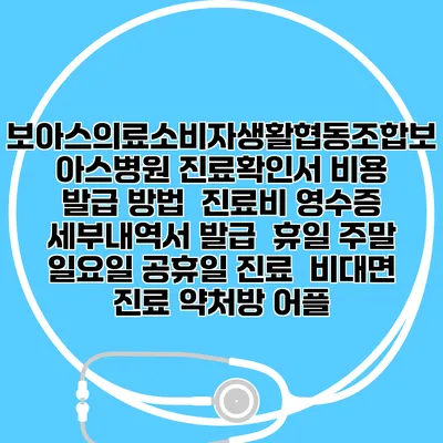 보아스의료소비자생활협동조합보아스병원 진료확인서 비용 발급 방법 | 진료비 영수증 세부내역서 발급 | 휴일 주말 일요일 공휴일 진료 | 비대면 진료 약처방 어플