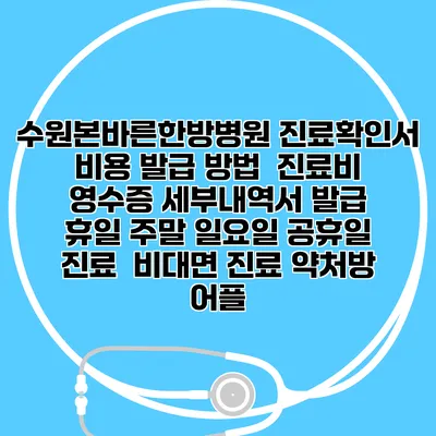 수원본바른한방병원 진료확인서 비용 발급 방법 | 진료비 영수증 세부내역서 발급 | 휴일 주말 일요일 공휴일 진료 | 비대면 진료 약처방 어플