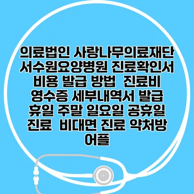 의료법인 사랑나무의료재단 서수원요양병원 진료확인서 비용 발급 방법 | 진료비 영수증 세부내역서 발급 | 휴일 주말 일요일 공휴일 진료 | 비대면 진료 약처방 어플