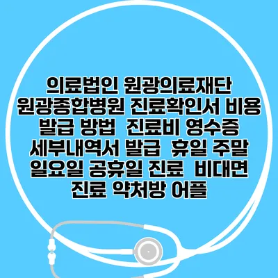 의료법인 원광의료재단 원광종합병원 진료확인서 비용 발급 방법 | 진료비 영수증 세부내역서 발급 | 휴일 주말 일요일 공휴일 진료 | 비대면 진료 약처방 어플