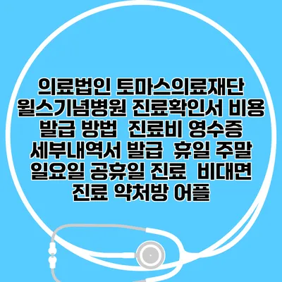 의료법인 토마스의료재단 윌스기념병원 진료확인서 비용 발급 방법 | 진료비 영수증 세부내역서 발급 | 휴일 주말 일요일 공휴일 진료 | 비대면 진료 약처방 어플