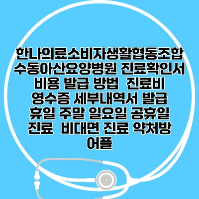 한나의료소비자생활협동조합 수동아산요양병원 진료확인서 비용 발급 방법 | 진료비 영수증 세부내역서 발급 | 휴일 주말 일요일 공휴일 진료 | 비대면 진료 약처방 어플